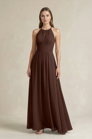 Halter A - Line Chiffon Ankle - Length Bridesmaid Dress in Espresso - KissProm Bridesmaid Dresses