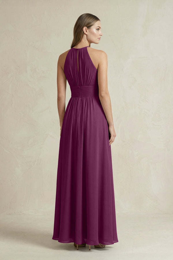 Halter A - Line Chiffon Ankle - Length Bridesmaid Dress in Fig - KissProm Bridesmaid Dresses
