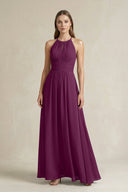 Halter A - Line Chiffon Ankle - Length Bridesmaid Dress in Fig - KissProm Bridesmaid Dresses