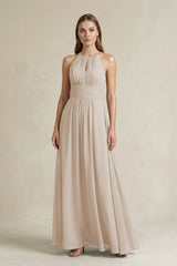 Halter A - Line Chiffon Ankle - Length Bridesmaid Dress in Frost - KissProm Bridesmaid Dresses