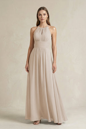 Halter A - Line Chiffon Ankle - Length Bridesmaid Dress in Frost - KissProm Bridesmaid Dresses