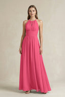 Halter A - Line Chiffon Ankle - Length Bridesmaid Dress in Fuchsia - KissProm Bridesmaid Dresses