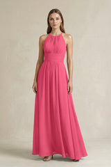 Halter A - Line Chiffon Ankle - Length Bridesmaid Dress in Fuchsia - KissProm Bridesmaid Dresses