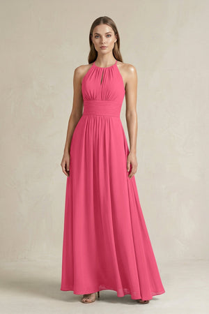 Halter A - Line Chiffon Ankle - Length Bridesmaid Dress in Fuchsia - KissProm Bridesmaid Dresses