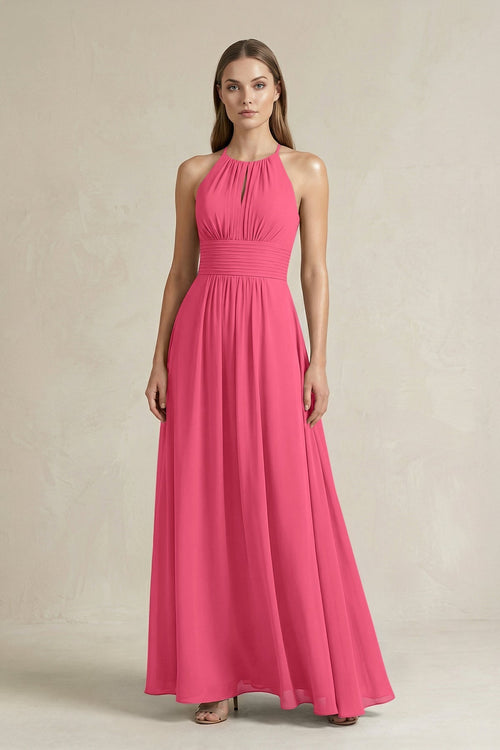 Halter A - Line Chiffon Ankle - Length Bridesmaid Dress in Fuchsia - KissProm Bridesmaid Dresses