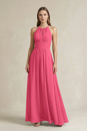 Halter A - Line Chiffon Ankle - Length Bridesmaid Dress in Fuchsia - KissProm Bridesmaid Dresses