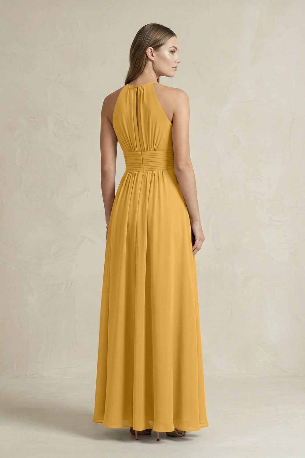 Halter A - Line Chiffon Ankle - Length Bridesmaid Dress in Marigold - KissProm Bridesmaid Dresses