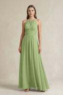 Halter A - Line Chiffon Ankle - Length Bridesmaid Dress in Matcha - KissProm Bridesmaid Dresses