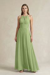 Halter A - Line Chiffon Ankle - Length Bridesmaid Dress in Matcha - KissProm Bridesmaid Dresses