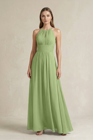 Halter A - Line Chiffon Ankle - Length Bridesmaid Dress in Matcha - KissProm Bridesmaid Dresses
