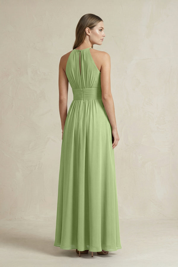 Halter A - Line Chiffon Ankle - Length Bridesmaid Dress in Matcha - KissProm Bridesmaid Dresses