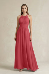 Halter A - Line Chiffon Ankle - Length Bridesmaid Dress in Merlot - KissProm Bridesmaid Dresses