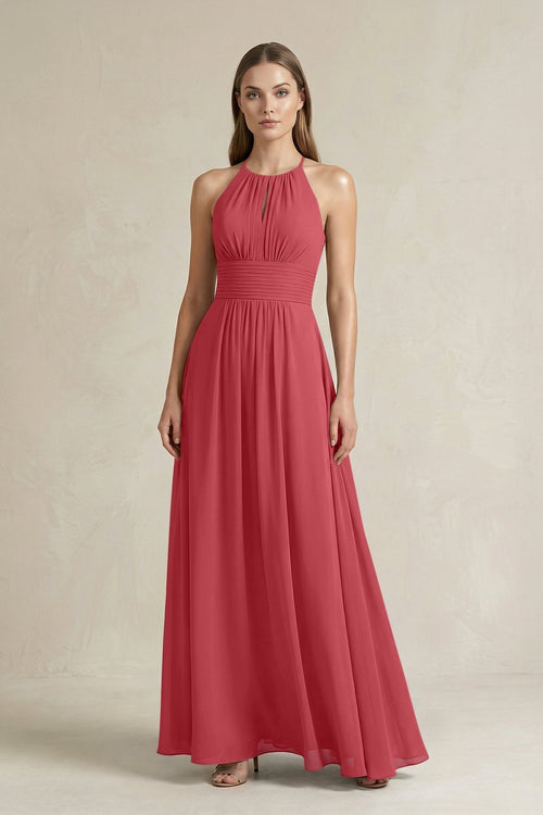 Halter A - Line Chiffon Ankle - Length Bridesmaid Dress in Merlot - KissProm Bridesmaid Dresses