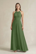 Halter A - Line Chiffon Ankle - Length Bridesmaid Dress in Moss - KissProm Bridesmaid Dresses