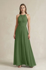 Halter A - Line Chiffon Ankle - Length Bridesmaid Dress in Moss - KissProm Bridesmaid Dresses