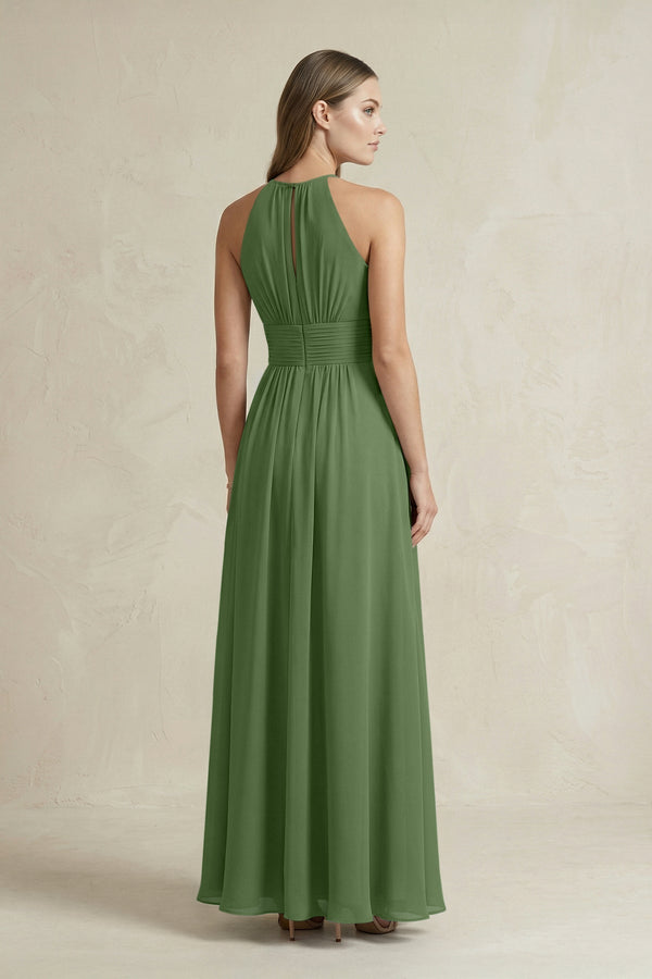 Halter A - Line Chiffon Ankle - Length Bridesmaid Dress in Moss - KissProm Bridesmaid Dresses