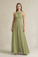 Halter A - Line Chiffon Ankle - Length Bridesmaid Dress in Moss Green - KissProm Bridesmaid Dresses
