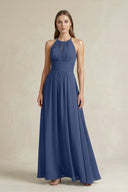 Halter A - Line Chiffon Ankle - Length Bridesmaid Dress in Navy - KissProm Bridesmaid Dresses