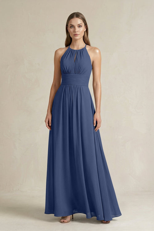 Halter A - Line Chiffon Ankle - Length Bridesmaid Dress in Navy - KissProm Bridesmaid Dresses