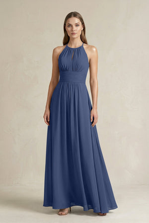 Halter A - Line Chiffon Ankle - Length Bridesmaid Dress in Navy - KissProm Bridesmaid Dresses