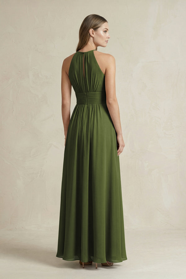 Halter A - Line Chiffon Ankle - Length Bridesmaid Dress in Olive - KissProm Bridesmaid Dresses
