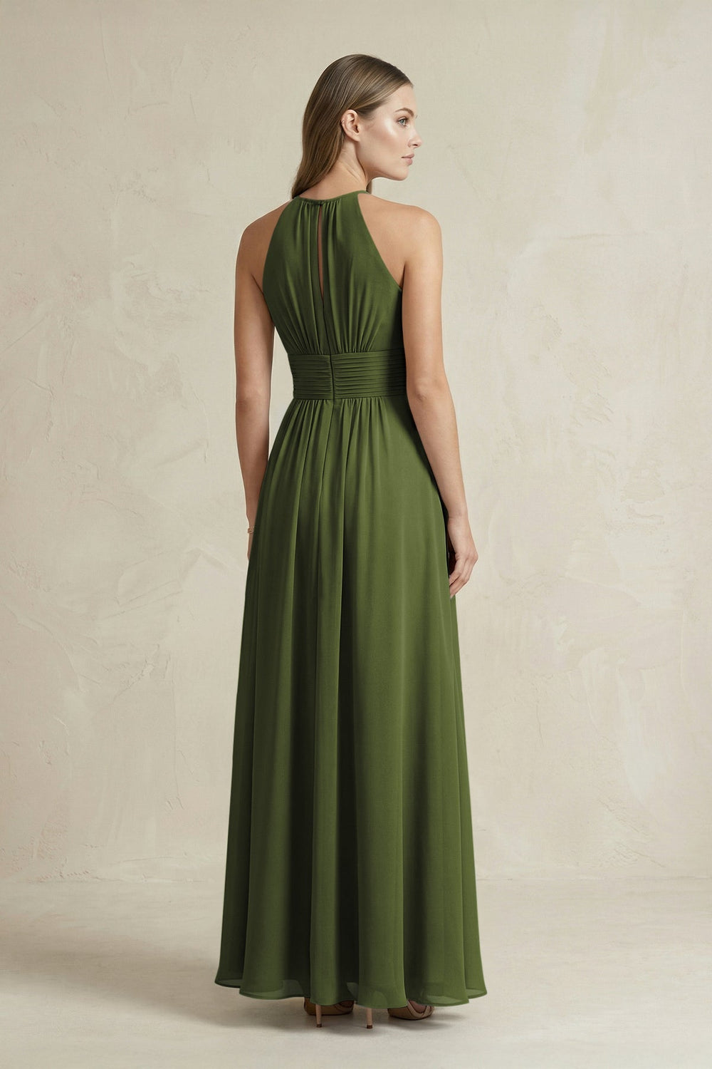Halter A - Line Chiffon Ankle - Length Bridesmaid Dress in Olive - KissProm Bridesmaid Dresses