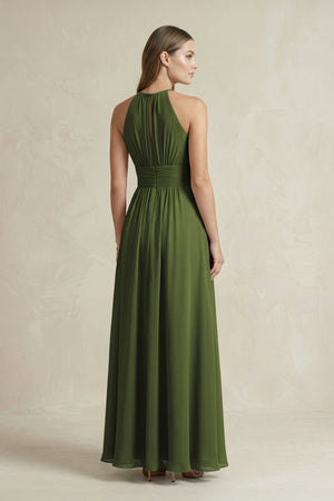 Halter A - Line Chiffon Ankle - Length Bridesmaid Dress in Olive - KissProm Bridesmaid Dresses