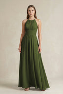 Halter A - Line Chiffon Ankle - Length Bridesmaid Dress in Olive - KissProm Bridesmaid Dresses