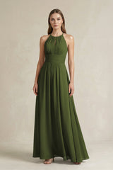 Halter A - Line Chiffon Ankle - Length Bridesmaid Dress in Olive - KissProm Bridesmaid Dresses