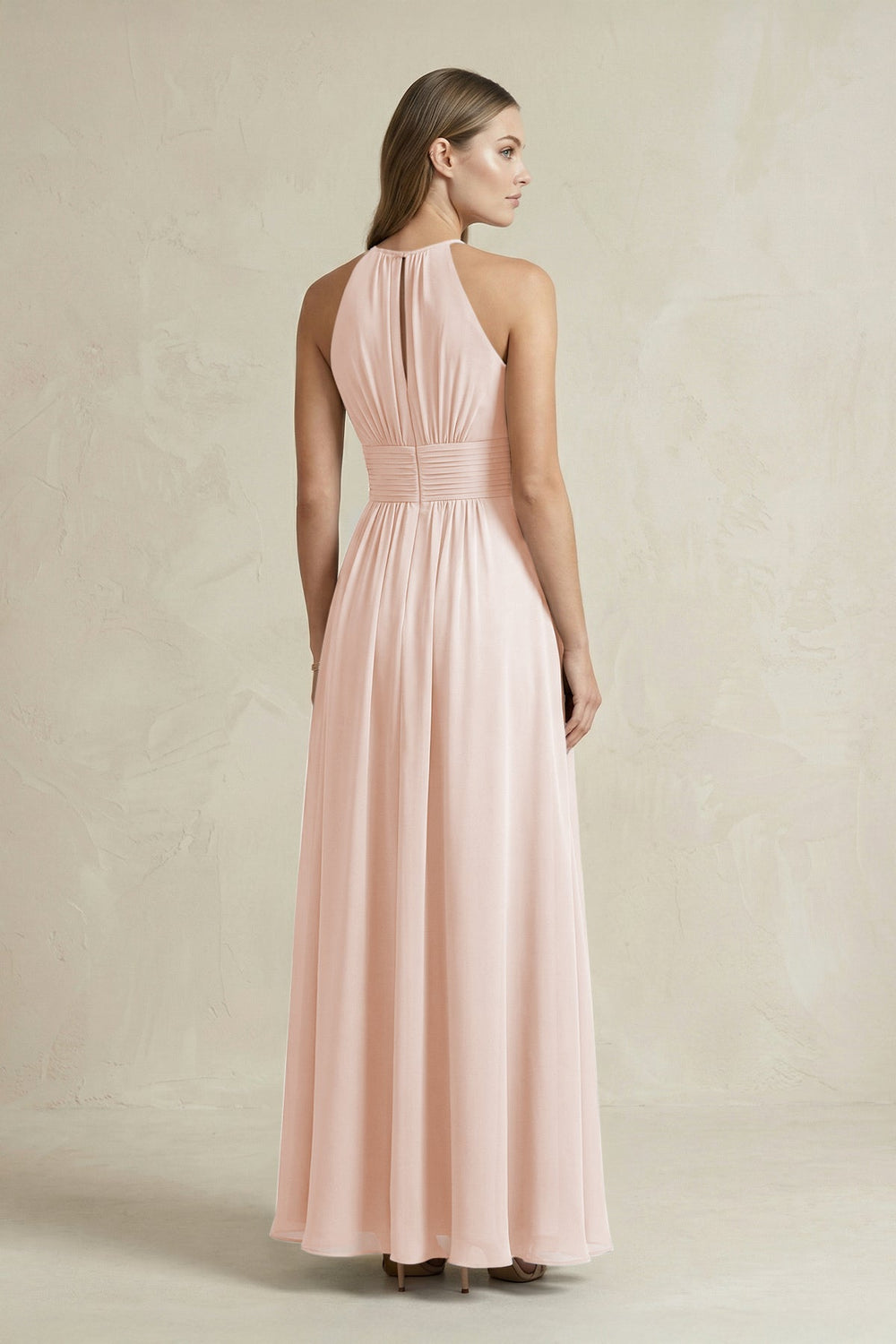 Halter A - Line Chiffon Ankle - Length Bridesmaid Dress in Pale Blush - KissProm Bridesmaid Dresses