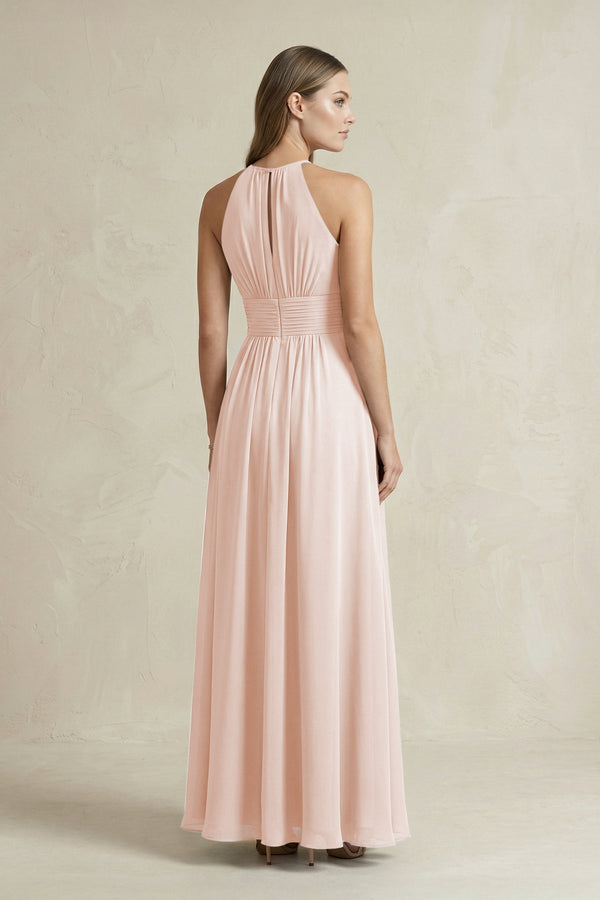 Halter A - Line Chiffon Ankle - Length Bridesmaid Dress in Pale Blush - KissProm Bridesmaid Dresses