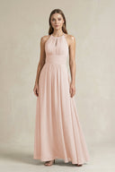 Halter A - Line Chiffon Ankle - Length Bridesmaid Dress in Pale Blush - KissProm Bridesmaid Dresses
