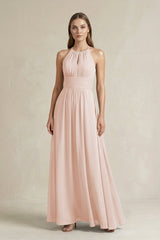 Halter A - Line Chiffon Ankle - Length Bridesmaid Dress in Pale Blush - KissProm Bridesmaid Dresses