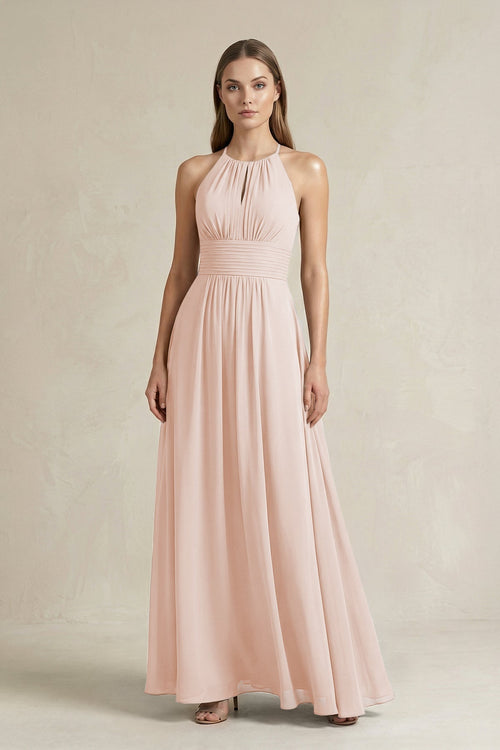 Halter A - Line Chiffon Ankle - Length Bridesmaid Dress in Pale Blush - KissProm Bridesmaid Dresses