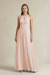 Halter A - Line Chiffon Ankle - Length Bridesmaid Dress in Pale Blush - KissProm Bridesmaid Dresses