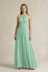 Halter A - Line Chiffon Ankle - Length Bridesmaid Dress in Pale Pistachio - KissProm Bridesmaid Dresses