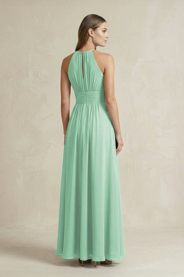Halter A - Line Chiffon Ankle - Length Bridesmaid Dress in Pale Pistachio - KissProm Bridesmaid Dresses