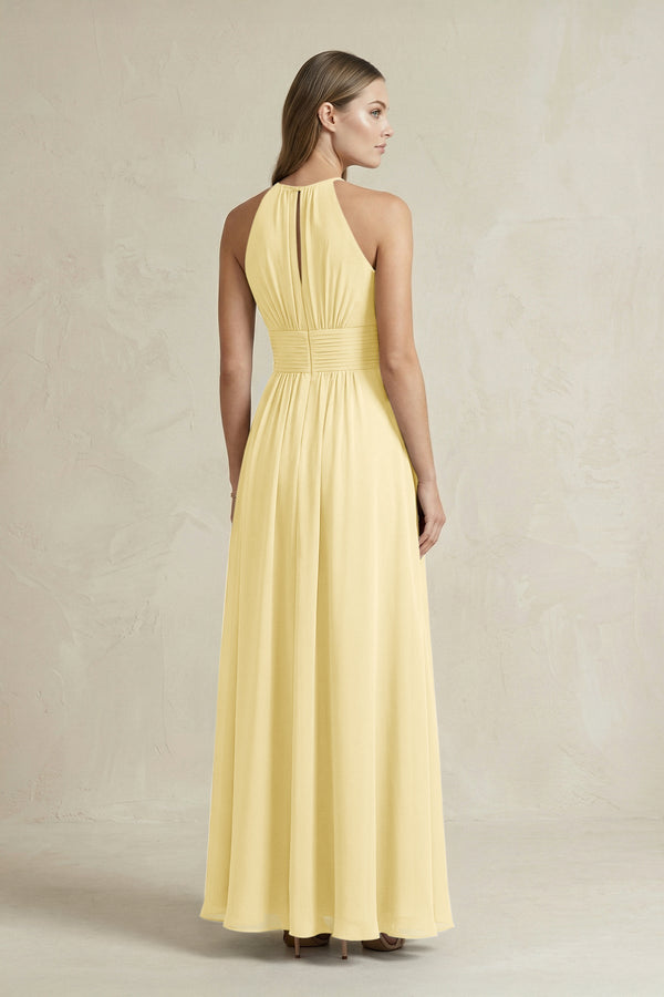 Halter A - Line Chiffon Ankle - Length Bridesmaid Dress in Pastel Yellow - KissProm Bridesmaid Dresses