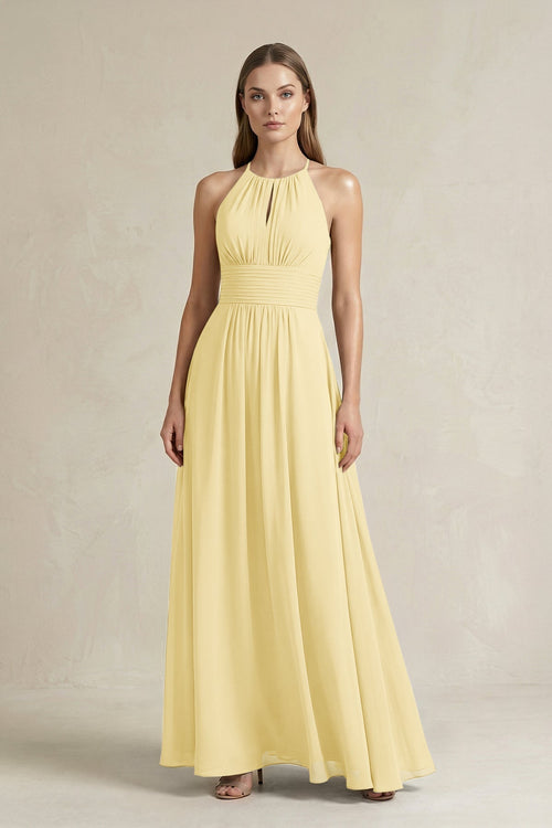 Halter A - Line Chiffon Ankle - Length Bridesmaid Dress in Pastel Yellow - KissProm Bridesmaid Dresses