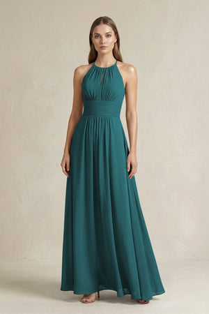 Halter A - Line Chiffon Ankle - Length Bridesmaid Dress in Pine - KissProm Bridesmaid Dresses
