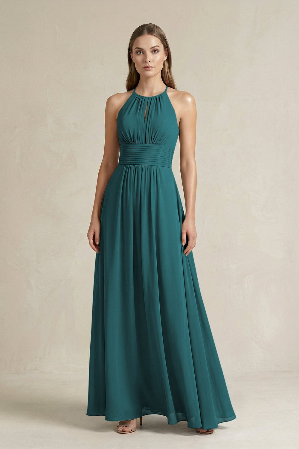 Halter A - Line Chiffon Ankle - Length Bridesmaid Dress in Pine - KissProm Bridesmaid Dresses
