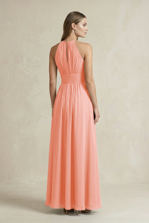 Halter A - Line Chiffon Ankle - Length Bridesmaid Dress in Rosette - KissProm Bridesmaid Dresses