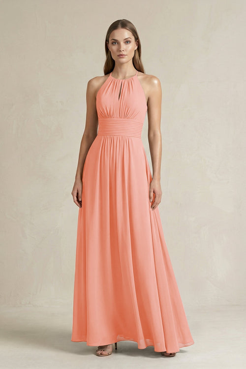 Halter A - Line Chiffon Ankle - Length Bridesmaid Dress in Rosette - KissProm Bridesmaid Dresses