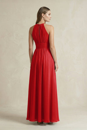 Halter A - Line Chiffon Ankle - Length Bridesmaid Dress in Ruby Red - KissProm Bridesmaid Dresses