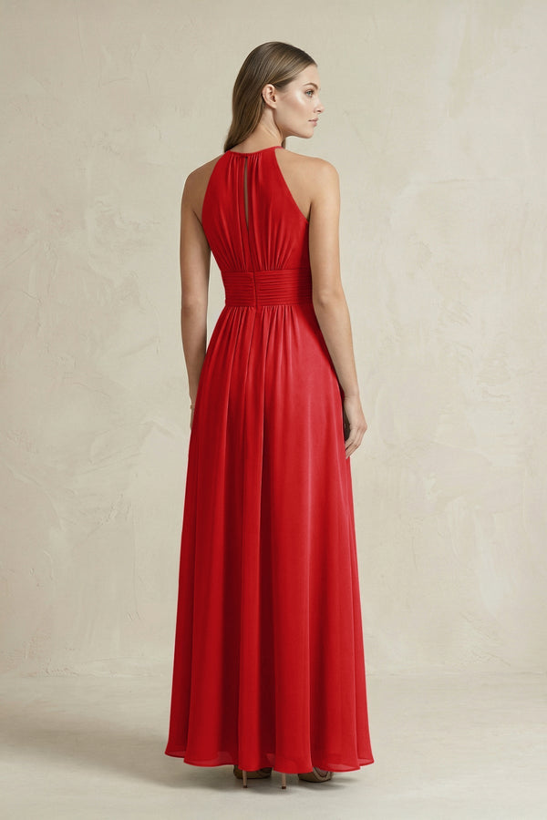 Halter A - Line Chiffon Ankle - Length Bridesmaid Dress in Ruby Red - KissProm Bridesmaid Dresses