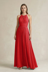 Halter A - Line Chiffon Ankle - Length Bridesmaid Dress in Ruby Red - KissProm Bridesmaid Dresses