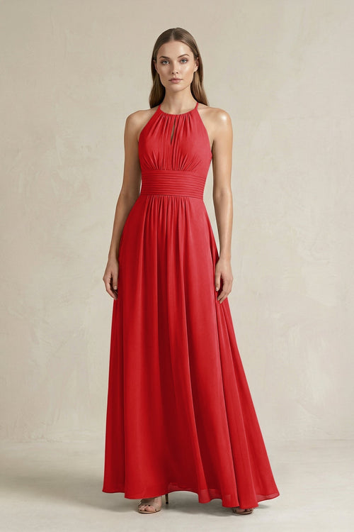 Halter A - Line Chiffon Ankle - Length Bridesmaid Dress in Ruby Red - KissProm Bridesmaid Dresses