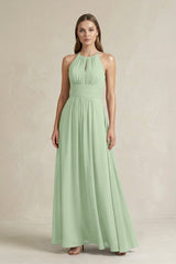 Halter A - Line Chiffon Ankle - Length Bridesmaid Dress in Sage - KissProm Bridesmaid Dresses