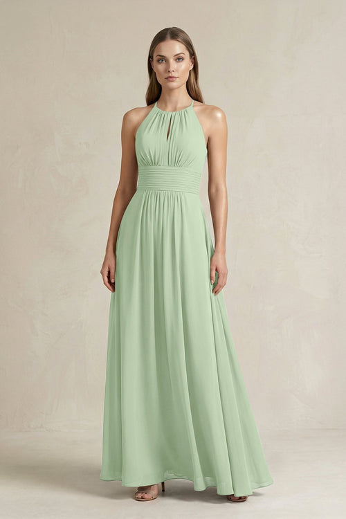 Halter A - Line Chiffon Ankle - Length Bridesmaid Dress in Sage - KissProm Bridesmaid Dresses