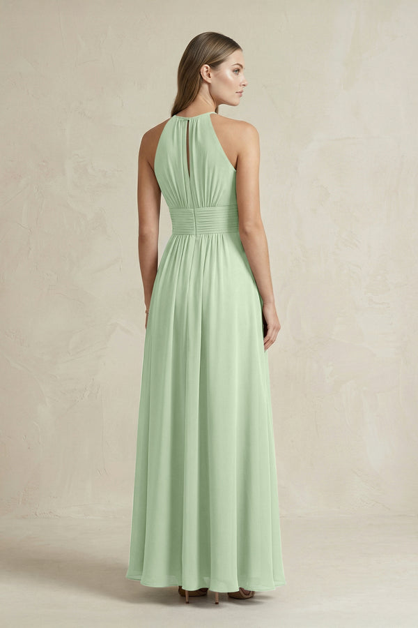 Halter A - Line Chiffon Ankle - Length Bridesmaid Dress in Sage - KissProm Bridesmaid Dresses